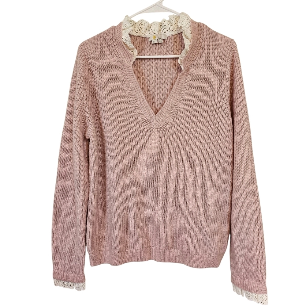 Boden Lace Ribbed Vneck Sweater Knit Soft Girl Blush Pink Pullover